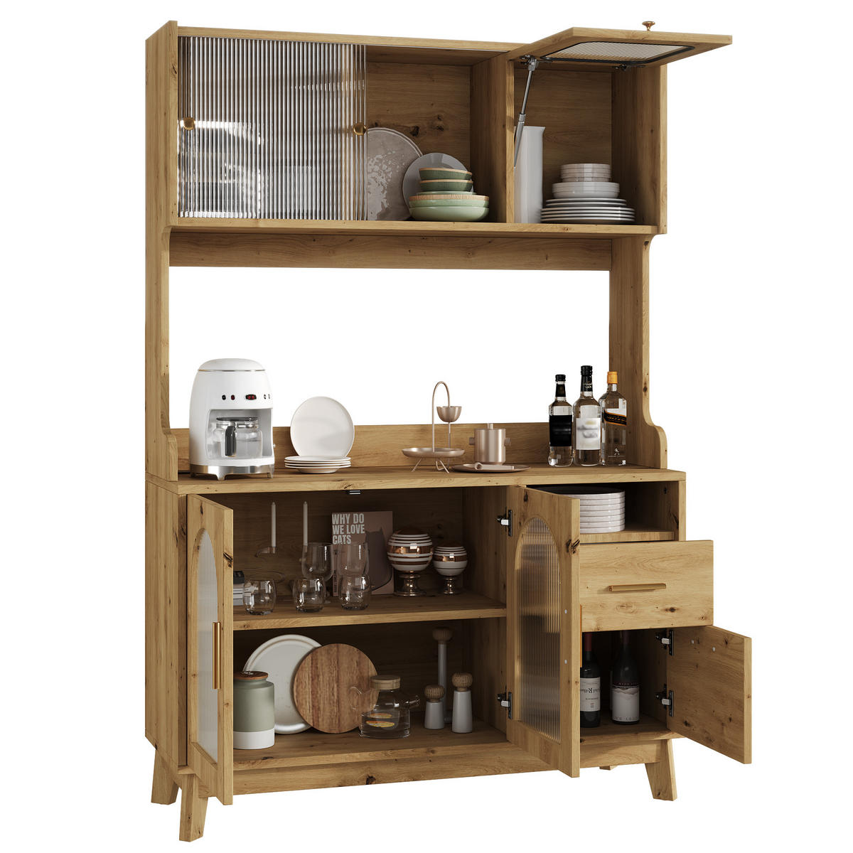 BUFFETSCHRANK 120x40x178 cm, 2 Steckdosen, USB-A/USB-C-Anschlüsse, Holzfarbe - Naturfarben, Holzwerkstoff (120/178/40cm) - FOHERE