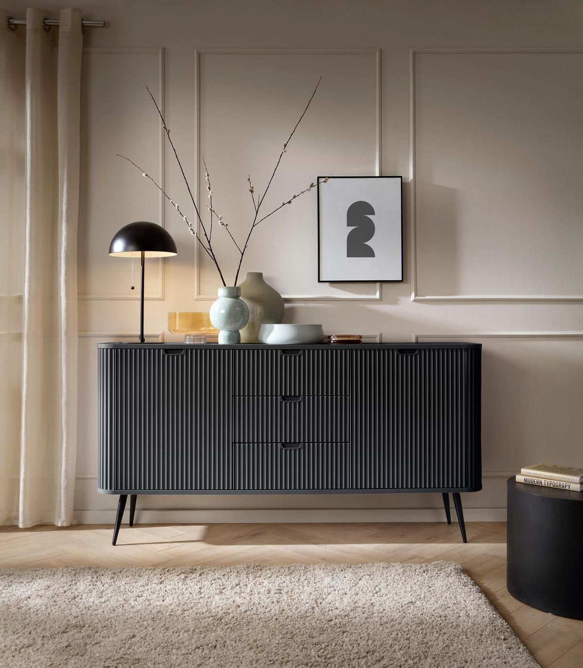 KOMMODE Breite ZOVA Schwarz-Gold, 168x87x39cm 3 Schubladen, 2 Schränke - Goldfarben/Creme, Holzwerkstoff/Kunststoff (168/87/39cm) - DomoHome