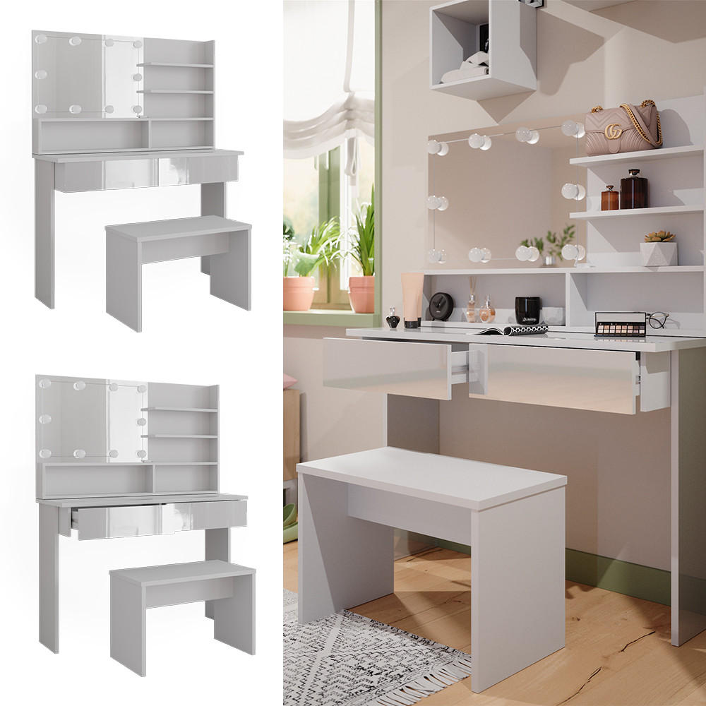 SCHMINKTISCH Azur Weiß 120 cm mit Spiegelregal, Bank & LED-Beleuchtung - Weiß Hochglanz/Weiß, Holzwerkstoff (120/83.5/40cm) - Vicco