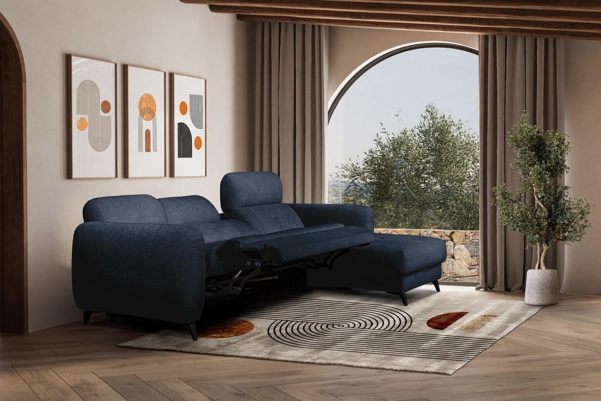 ECKSOFA SVEN 3-Sitzer, 1 Relax XL, verstellbare Kopfstützen, navy blue - Schwarz/Dunkelblau, Holzwerkstoff/Textil (256/163cm) - Courtois Laville