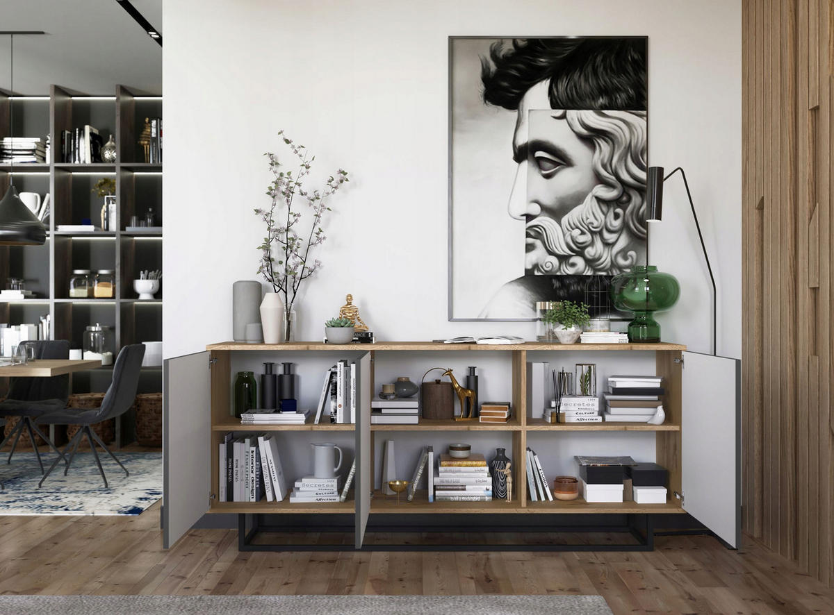 KOMMODE Apollo 3D Eiche wotan Graphit Matt 168 cm - Graphitfarben/Schwarz, Holzwerkstoff/Metall (168/72/35cm) - Meble Lindner