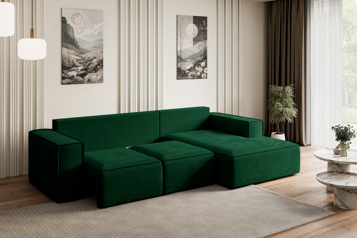 ECKSOFA mit Schlaffunktion und Bettkasten SERRA-L-S - 266x161x87 cm Grün Velours - Schwarz/Grün, Holzwerkstoff/Kunststoff (266/161cm) - ALTDECOR