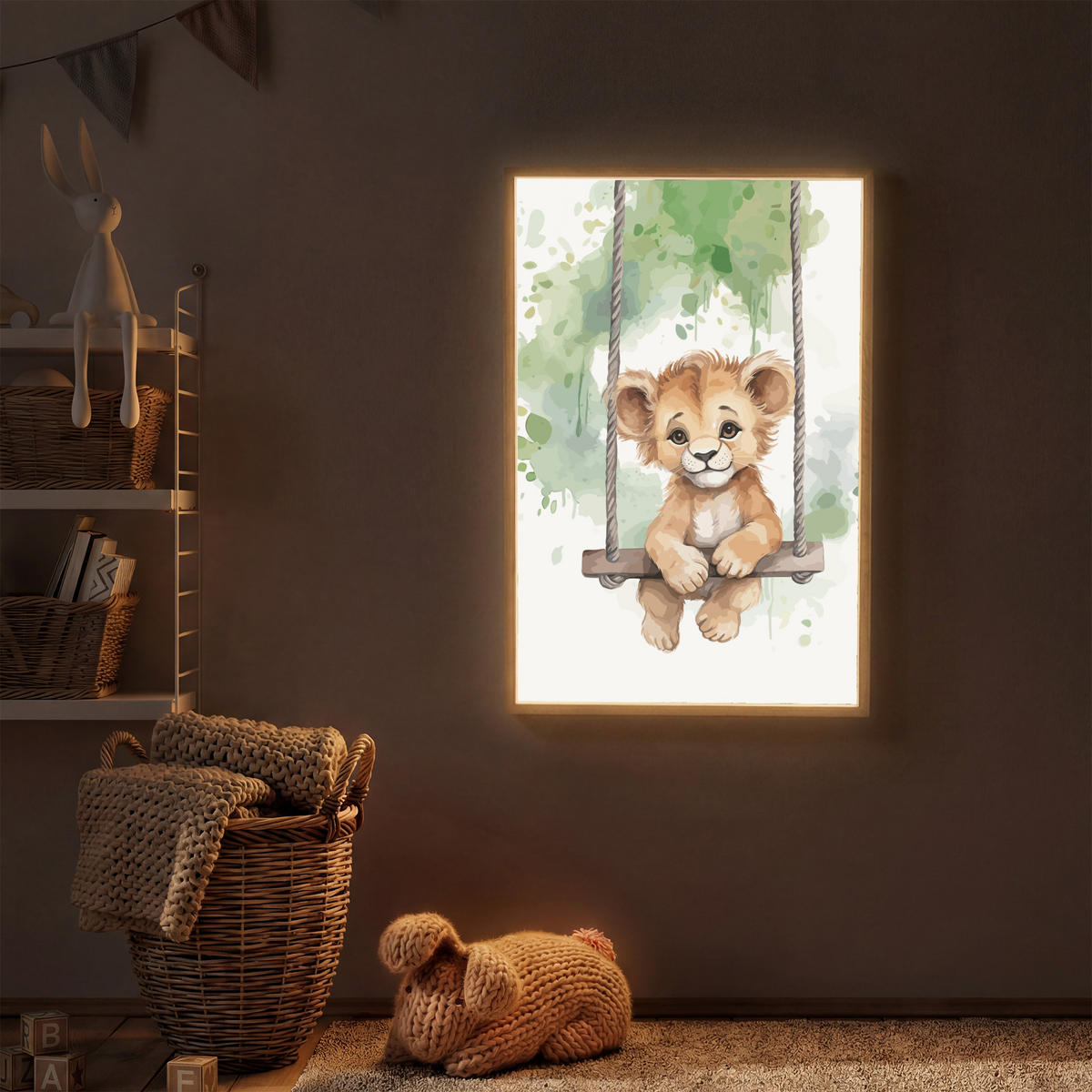 NACHTTISCHLAMPE MIT AKKU Löwe - Tier - Kinder - Dschungel 60x90 cm - Weiß, Holzwerkstoff (8/60/90cm) - OnlyWow