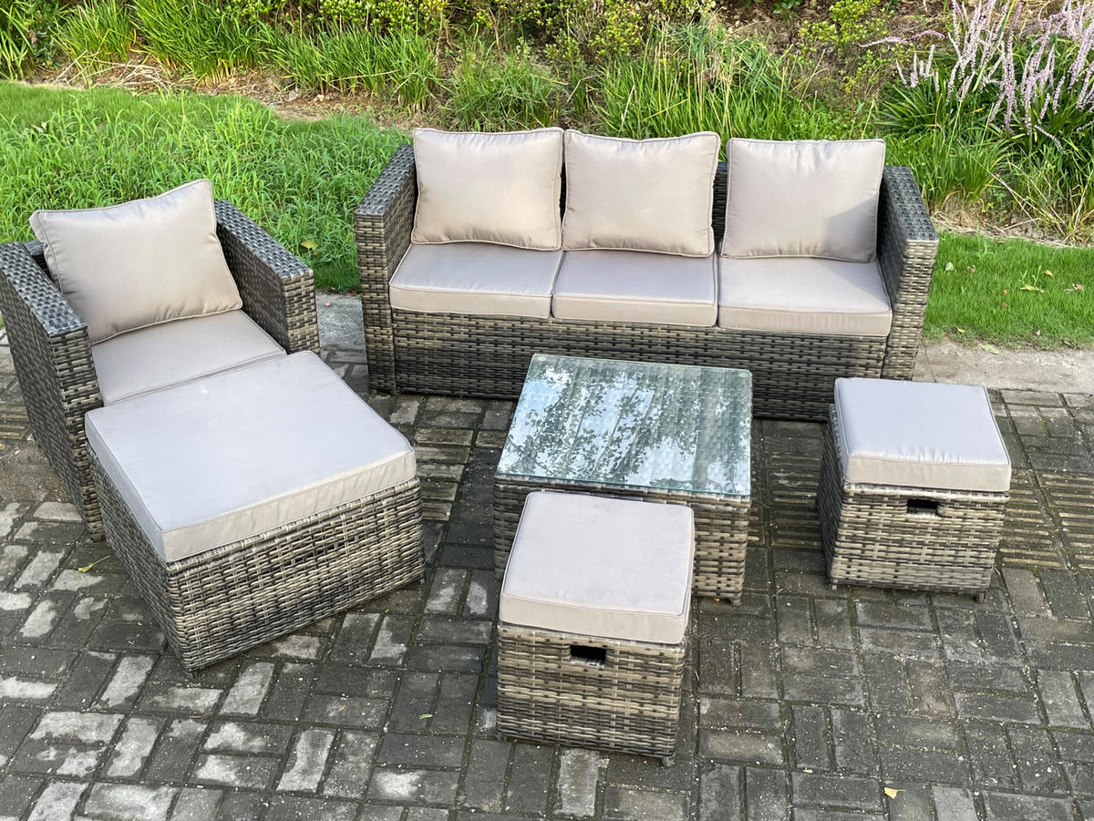 GARTENSET mit Couchtisch Polyrattan 7-Sitzer - Dunkelgrau, Metall - Fimous