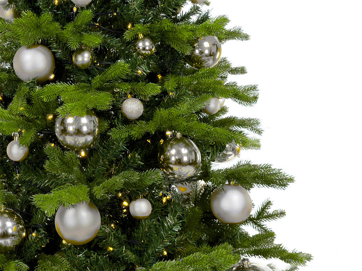 WEIHNACHTSBAUM künstlicher 210 cm, SILBERWEIHNACHTEN, mit 73-teiligem Weihnachtsbaumschmuck, inkl. Metallständer und Aufbewahrungsbox - Silberfarben/Grün, Kunststoff/Metall (134/210cm) - LAALU