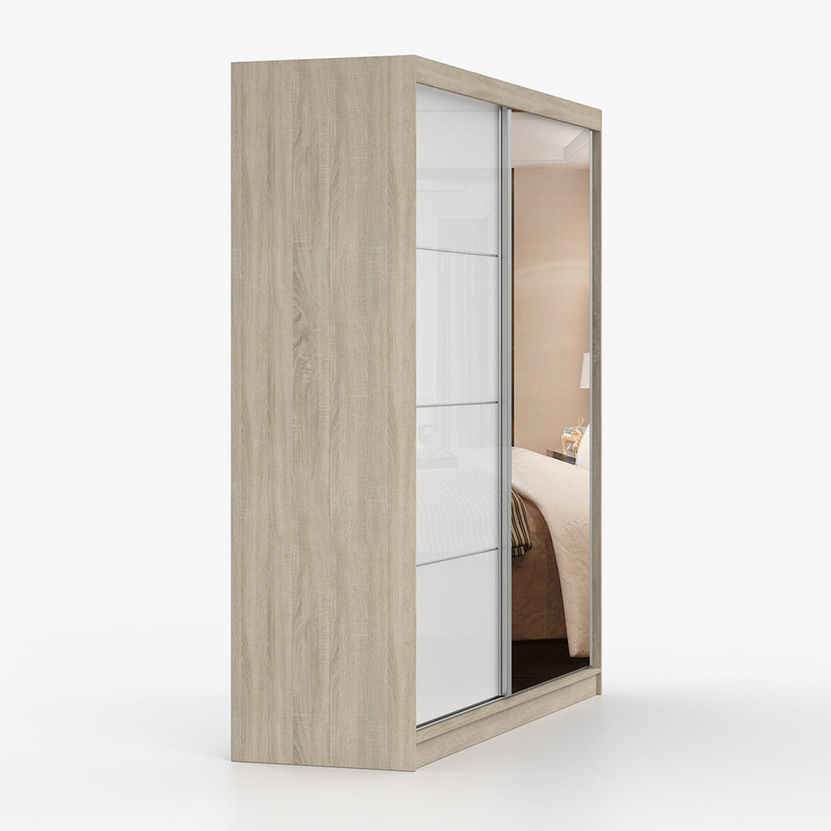 SCHWEBETÜRENSCHRANK 203/218/61 cm 2-türig Pola 35 Sonoma Eiche/Weiß Semigloss - Weiß Hochglanz/Alufarben, Glas/Holzwerkstoff (203/218/61cm)