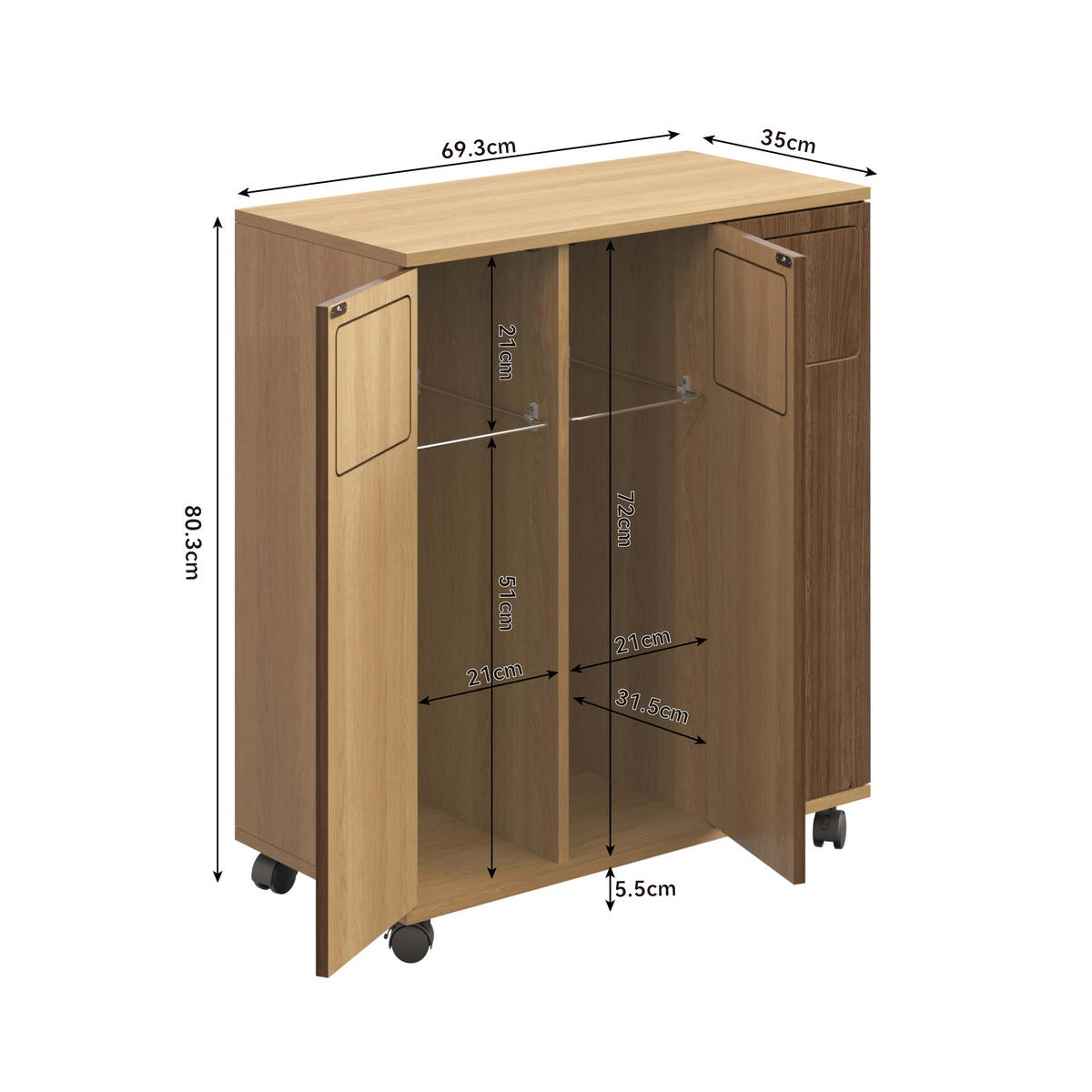 MÜLLSCHRANK DE-38851 69,3/35/80,3 cm 3 Fächer und Rollen Eiche-Optik - Naturfarben, Holzwerkstoff (69.3/80/35cm) - ComfortXL