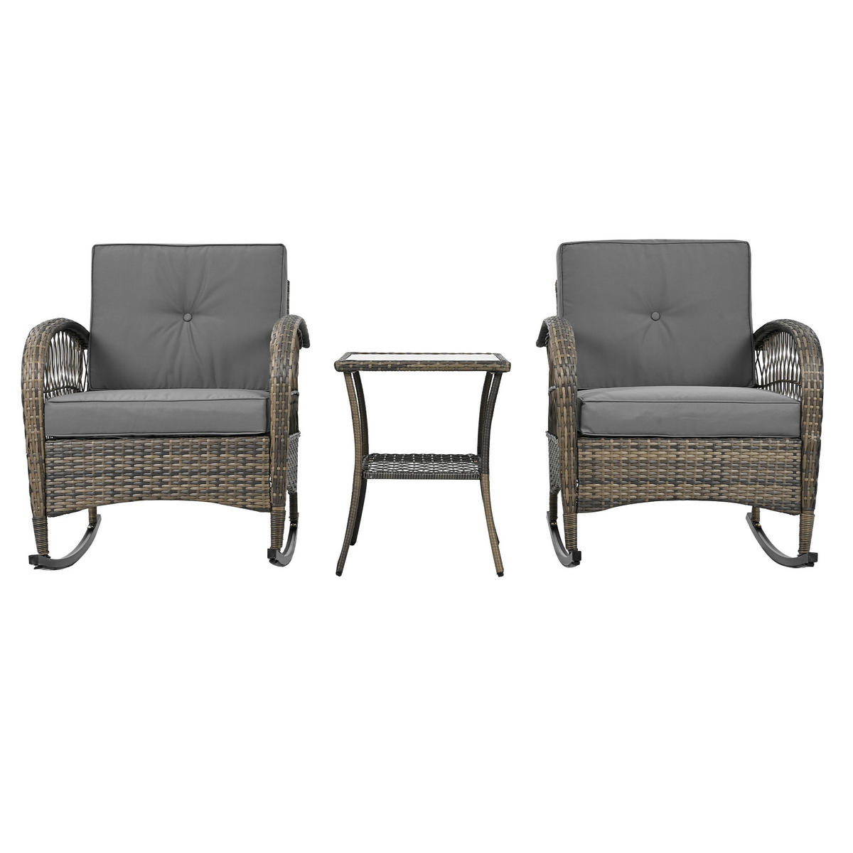 BALKONSET 49/49/61 cm grau aus Rattan und Metall mit 2 Schaukelstühlen - Grau, Metall (49/61/49cm) - OKWISH