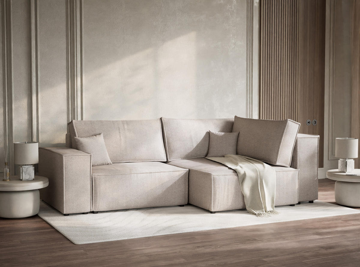 ECKSOFA MIT SCHLAFFUNKTION Tonga Hellbeige Webstoff - Beige/Schwarz, Holz/Holzwerkstoff (255/105cm) - Maison de Reve