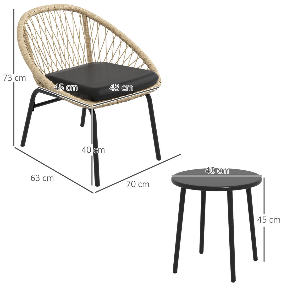 BALKONSET Gartenmöbel-Set aus Rattan mit 2 Stühlen und Rundtisch Gelb - Gelb, Naturmaterialien