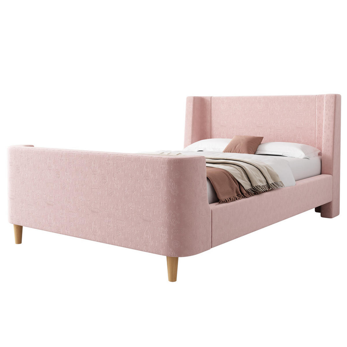 POLSTER-KINDERBETT 90x200cm Schlittenbett Kosmisches Muster Samt Rosa - Pink, Holz - FLIEKS