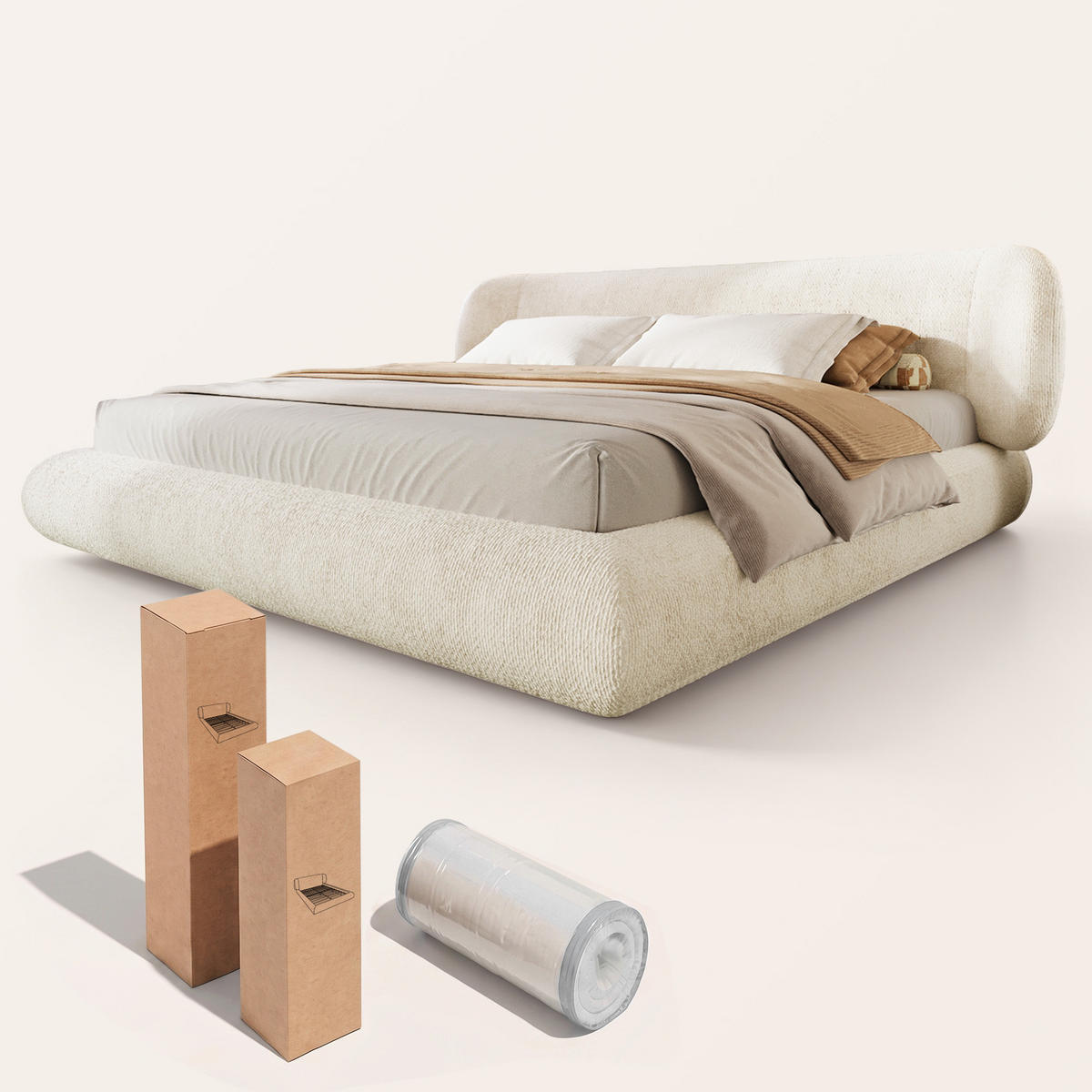 POLSTERBETT 140/200 mit 12 cm Schaumstoffpolsterung, abgerundeten Ecken und weichem Chenille-Bezug in Beige - Beige, Holzwerkstoff/Textil (140/200cm) - EVRYAE