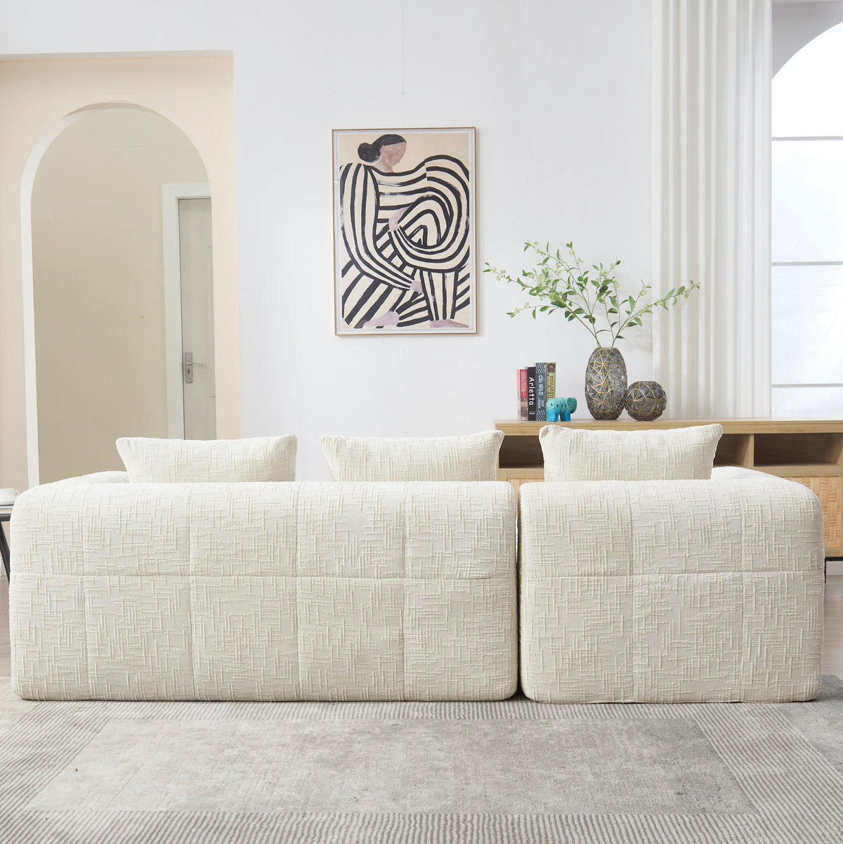 ECKSOFA 250/158/60 cm mit Chaiselongue, 3 Kissen und Seitentaschen, Chenille, Beige - Weiß, Textil (158/250cm) - Redom