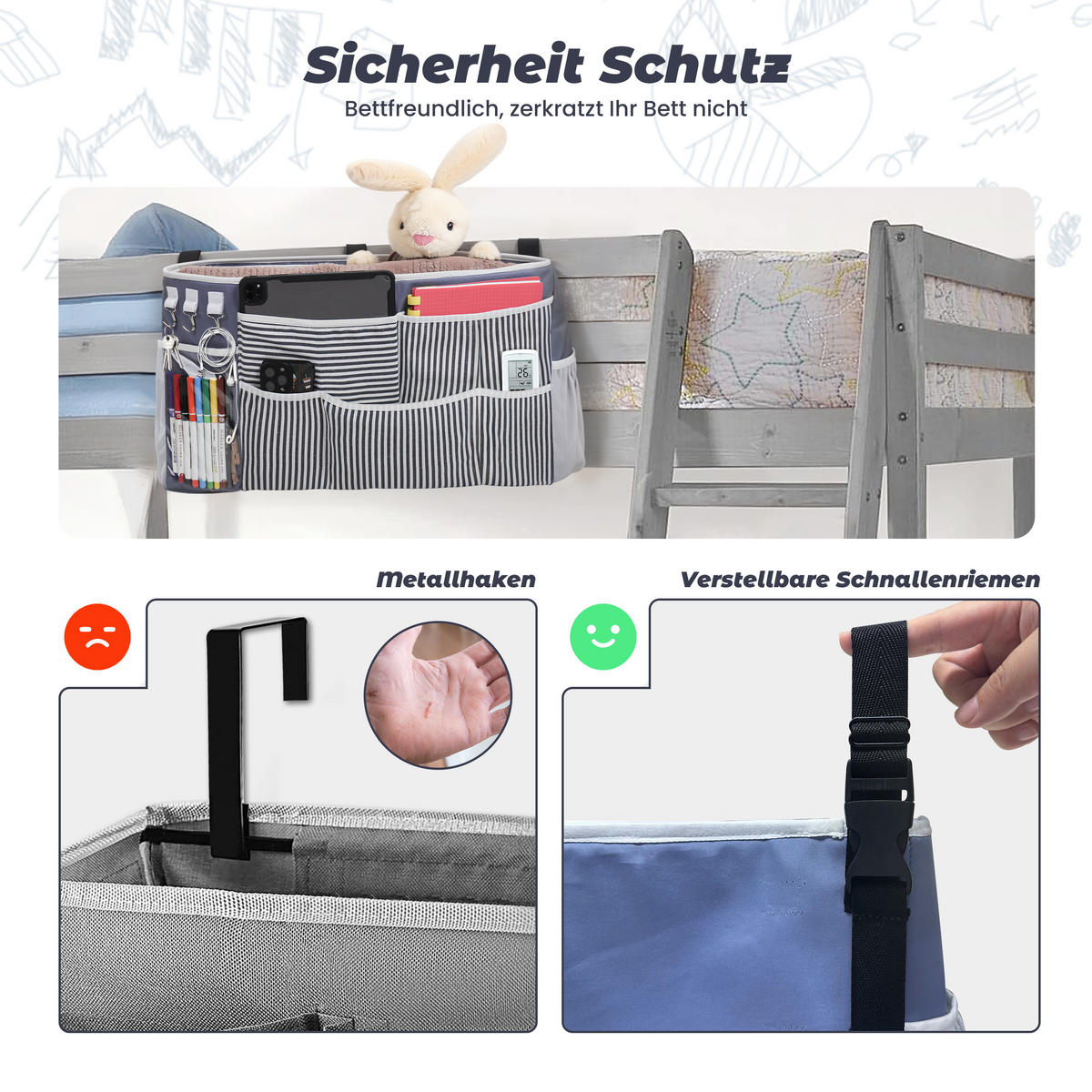 NACHTTISCH-AUFBEWAHRUNGSTASCHE zum Aufhängen extra groß - Blau/Weiß, Textil - Vercart