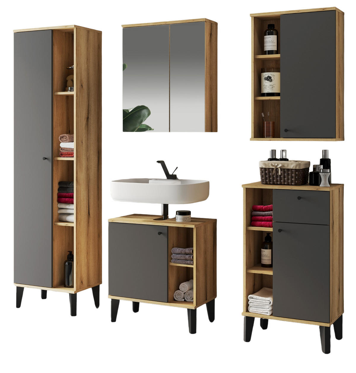 BADMÖBEL-SET 5-teilig grau, Evoke Eiche, Badkombination 182 x 190 cm - Eichefarben/Grau, Glas/Holzwerkstoff (182/190/33cm) - Furn.Design