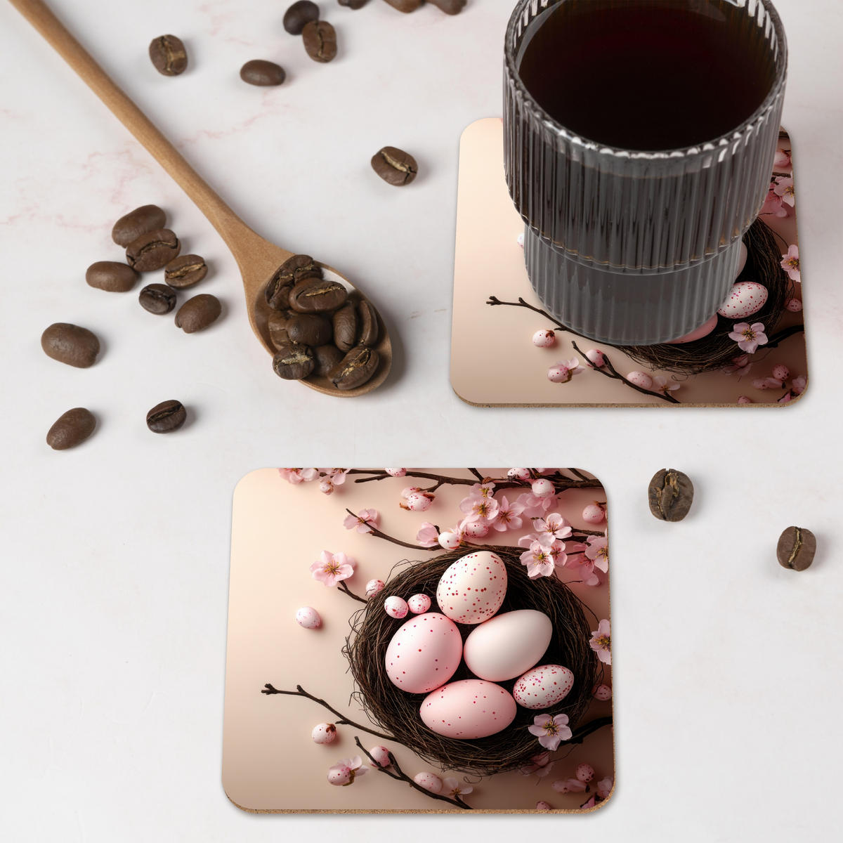 GLASUNTERSETZER 6er-Set Rosa - Blüten - Eier 10x10 cm - Hellrosa, Naturmaterialien (10/0.2cm) - MuchoWow