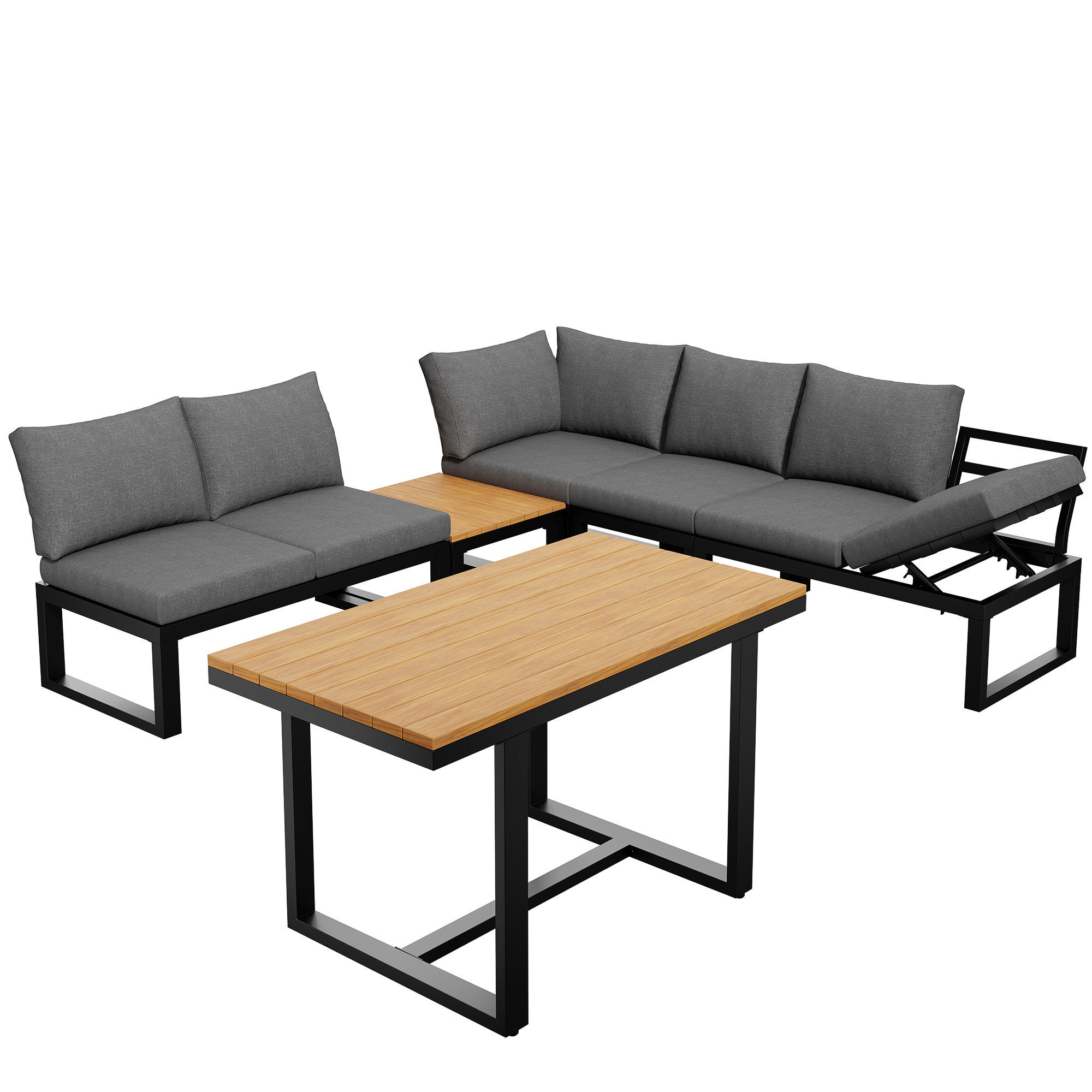 GARTENLOUNGE-SET für 6 Personen Garten-Essgruppe Ecksofa mit verstellbarer Rückenlehne - Schwarz/Naturfarben, Textil/Metall - STILVORA