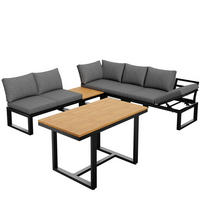 GARTENLOUNGE-SET für 6 Personen Garten-Essgruppe Ecksofa mit verstellbarer Rückenlehne - Schwarz/Naturfarben, Textil/Metall - STILVORA