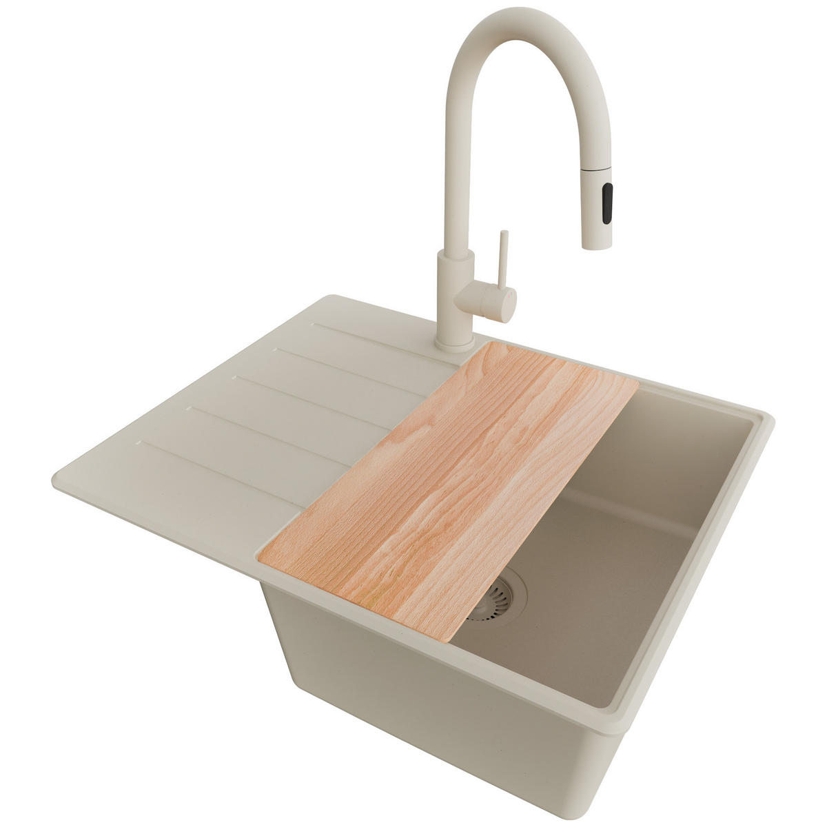 GRANITSPÜLE Kopenhagen, 2-er set Beige 62/50 cm 1 Becken + Küchenarmatur 40/20 cm + Ablauf-Set + Schneidebrett ab 45er Unterschrank - Beige, Kunststoff (62/20/50cm) - Primagran