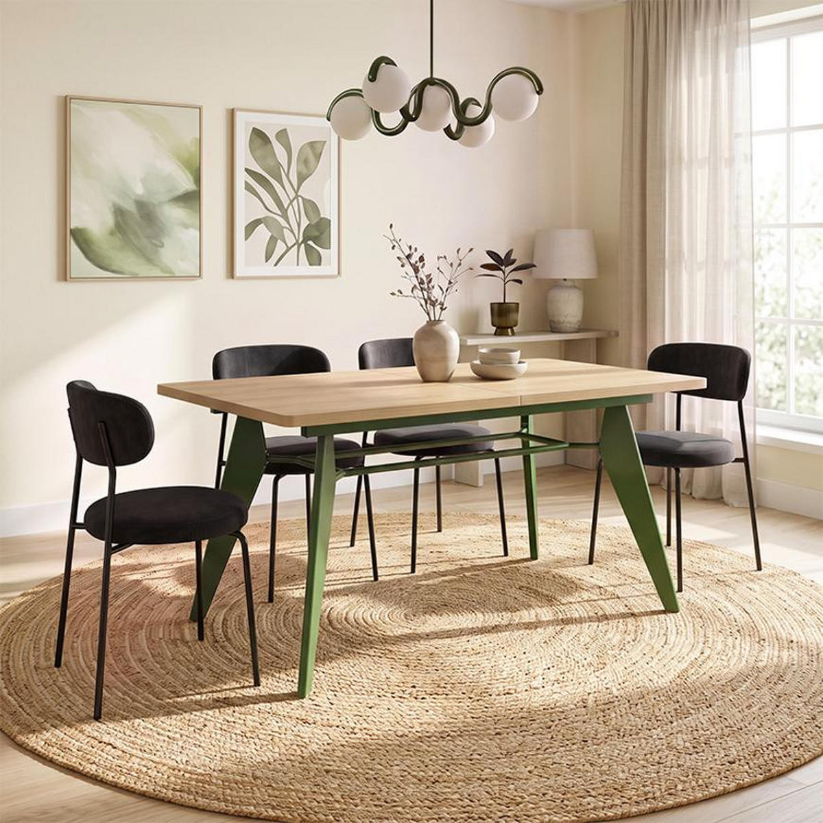 ESSTISCH ausziehbar 140/180cm Metallbeine Khaki und Tischplatte Eiche-Optik Meloe - Eichefarben/Grün, Holzwerkstoff/Metall (90/140/76cm) - Sicaan