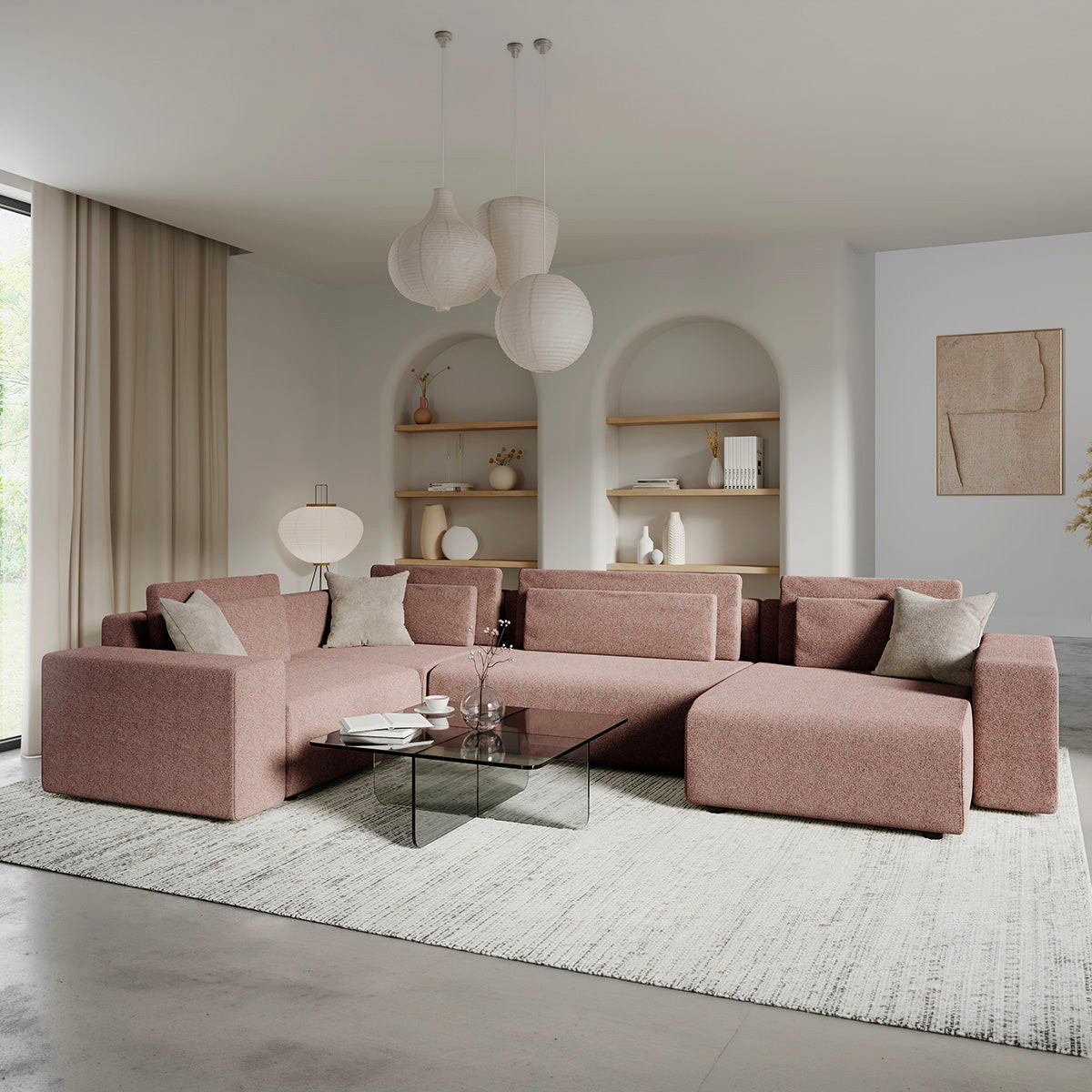 PANORAMASOFA Lorenzo 5 Sitzplätze Rosa - Pink, Holz (378/85/236cm) - Petits-meubles
