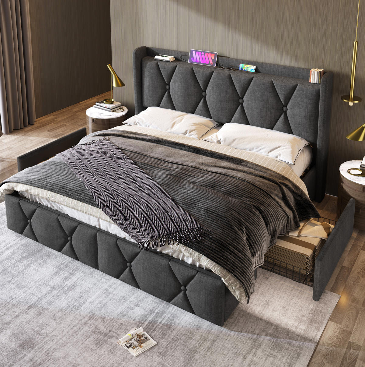 BETT mit USB und 4 Schubladen 140x200 cm Leinen Grau inkl. Matratze - Grau, Metall (140/200cm) - Meubliv