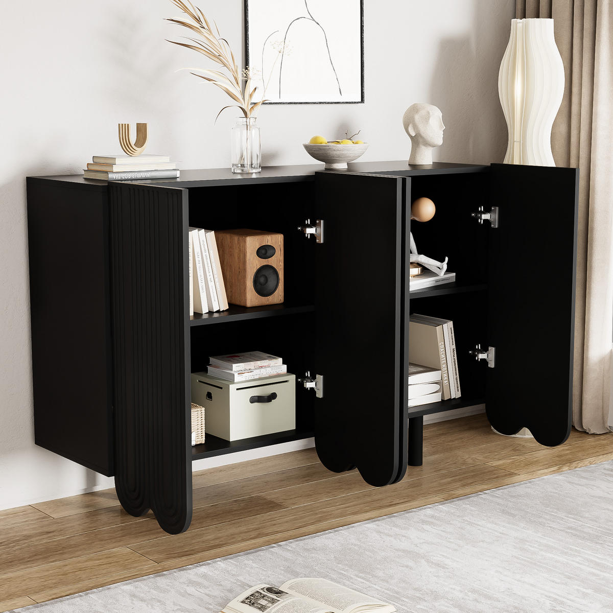 SIDEBOARD mit Metallfüßen und Rillen-Design - Schwarz, Holzwerkstoff/Metall (120/80/37.5cm) - Urban Meuble