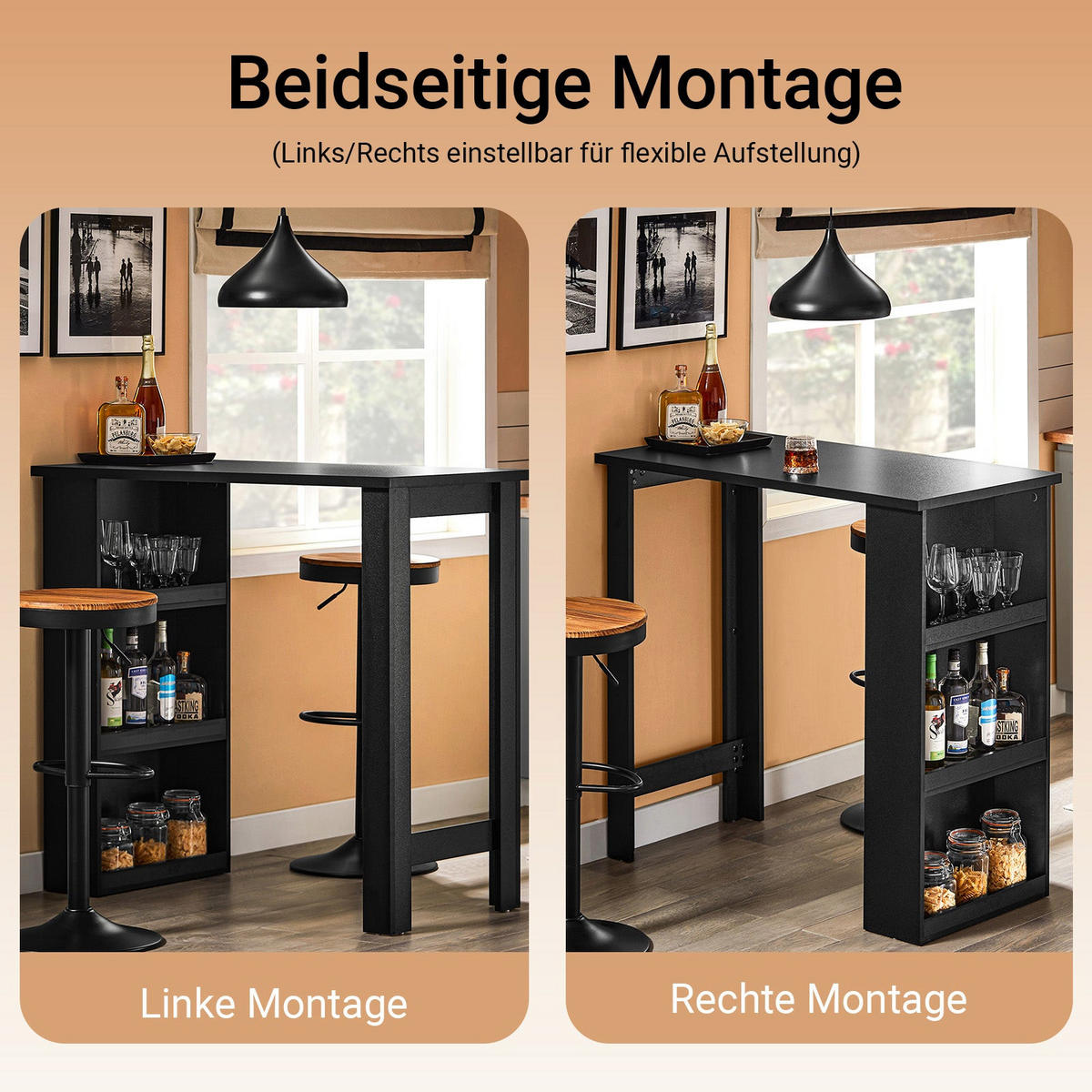 BARTISCH mit 3 Ablageflächen, Schwarz 112x106x57 cm - Schwarz, Holzwerkstoff (57/112/106cm) - SoBuy