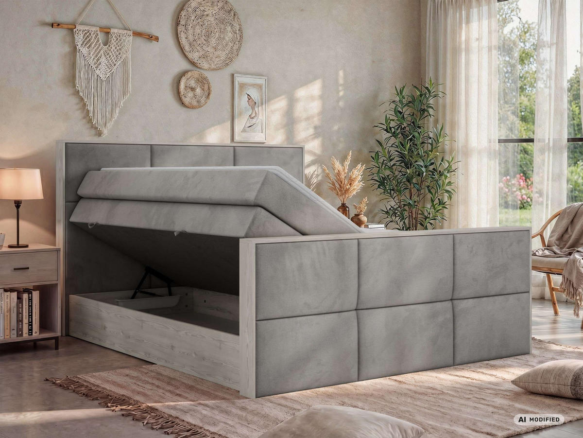 POSTEL BOXSPRING DELNOR KING DUO 200/200 - Světle šedá Samet - Topper Visco - H3 - černá/světle šedá, textil/plast (200/200cm) - MKS