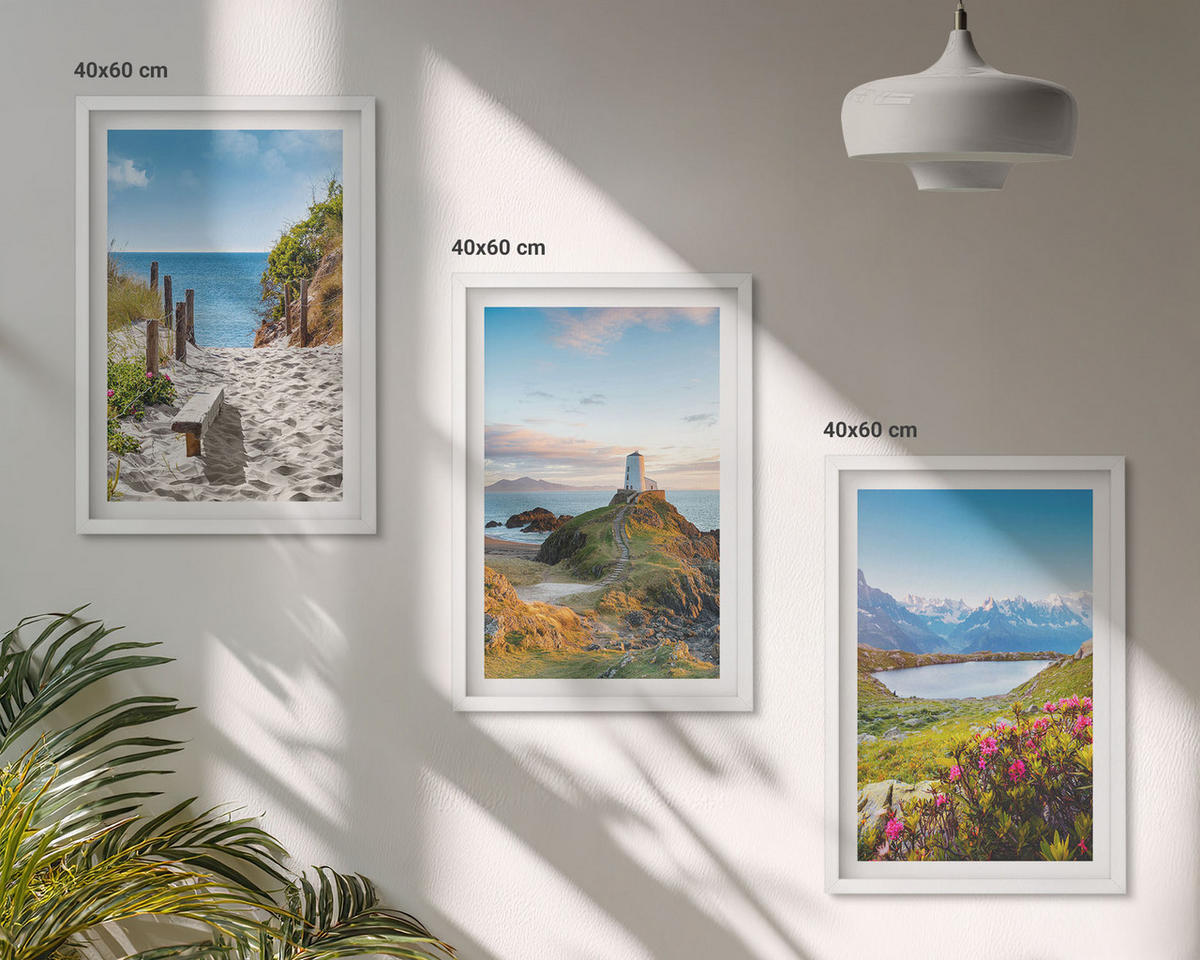 WANDBILDER 3er-Set - 40x60 cm Weißer Rahmen - Strand, Leuchtturm, Berge, Blumen - Weiß, Kunststoff (40/60cm) - ArtPrintCave