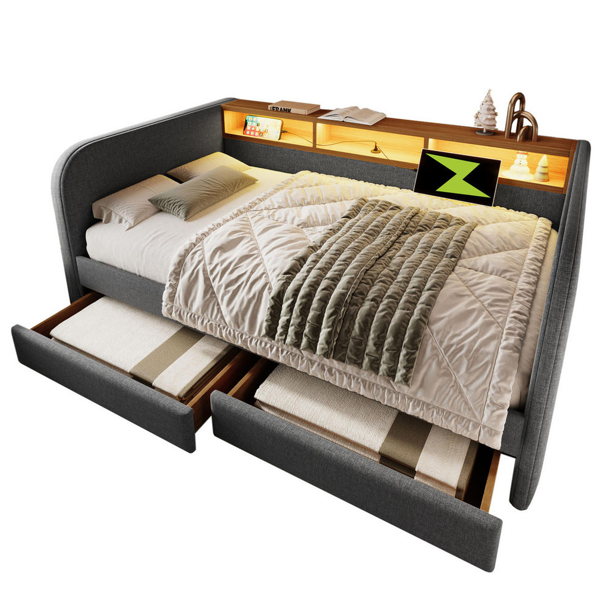 TAGESBETT 140x190cm Schlafsofa mit LED & USB-C 2 Schubladen Grau - Grau, Holz (140/190cm) - FLIEKS