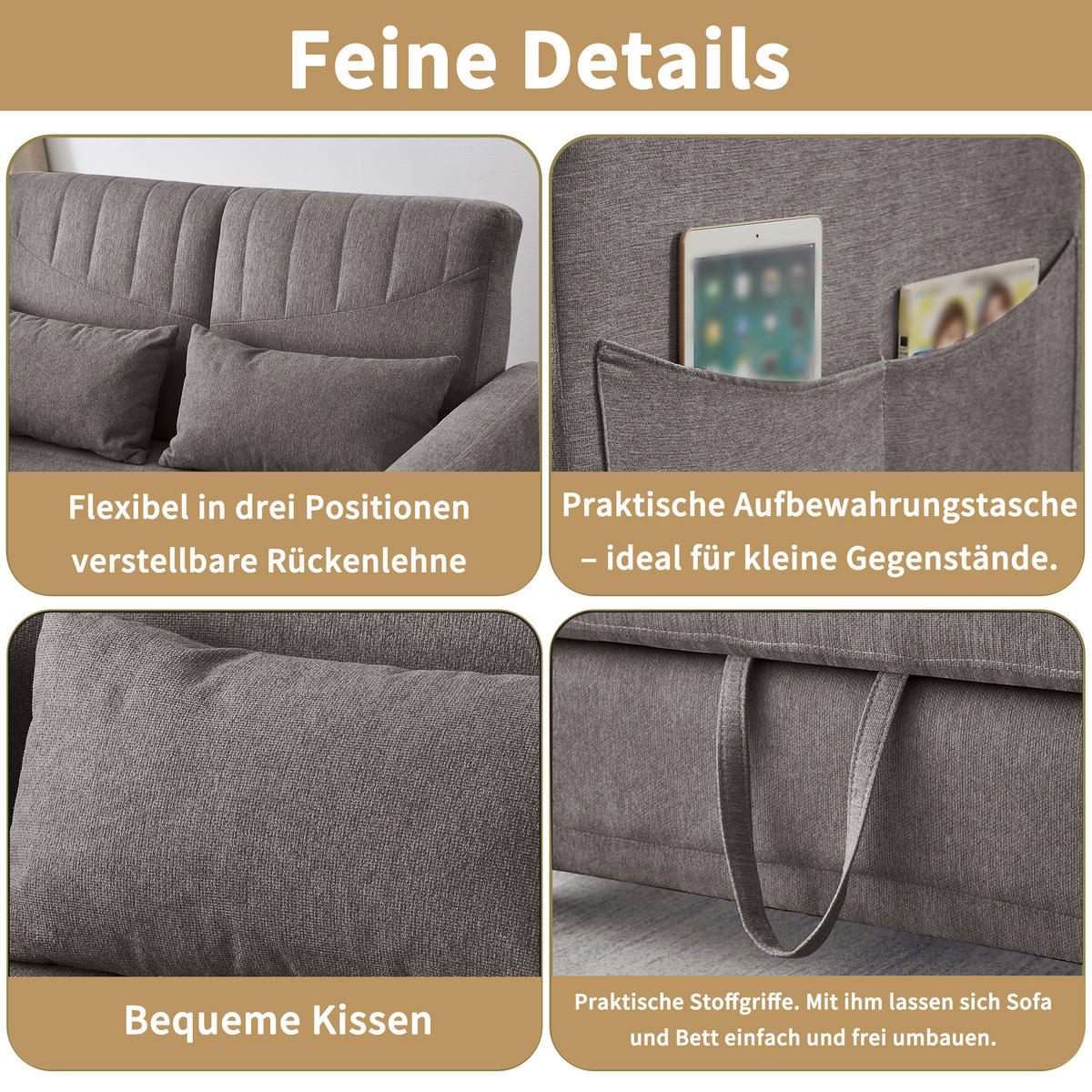 SCHLAFSOFA Baumwoll-Leinen mit Ausziehfunktion und verstellbarer Rückenlehne Grau 114/77/82,5 cm - Grau, Textil (77/82.5/114cm) - Redom