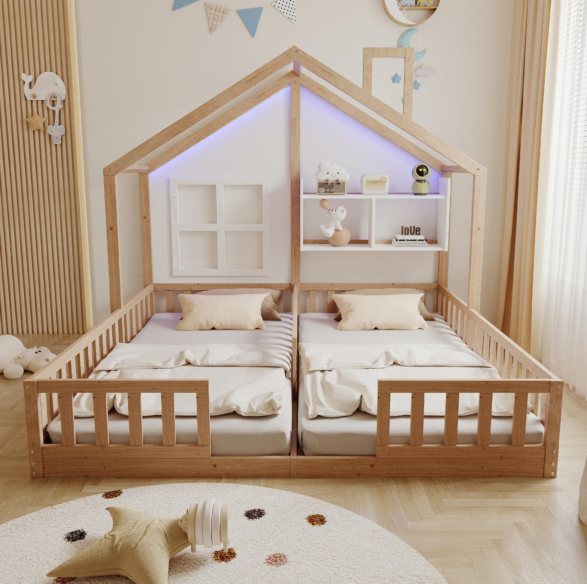 HAUSBETT 90/200 cm natur aus Massivholz und MDF mit LED und Sicherheitsgitter - Naturfarben, Holz (90/200cm) - OKWISH