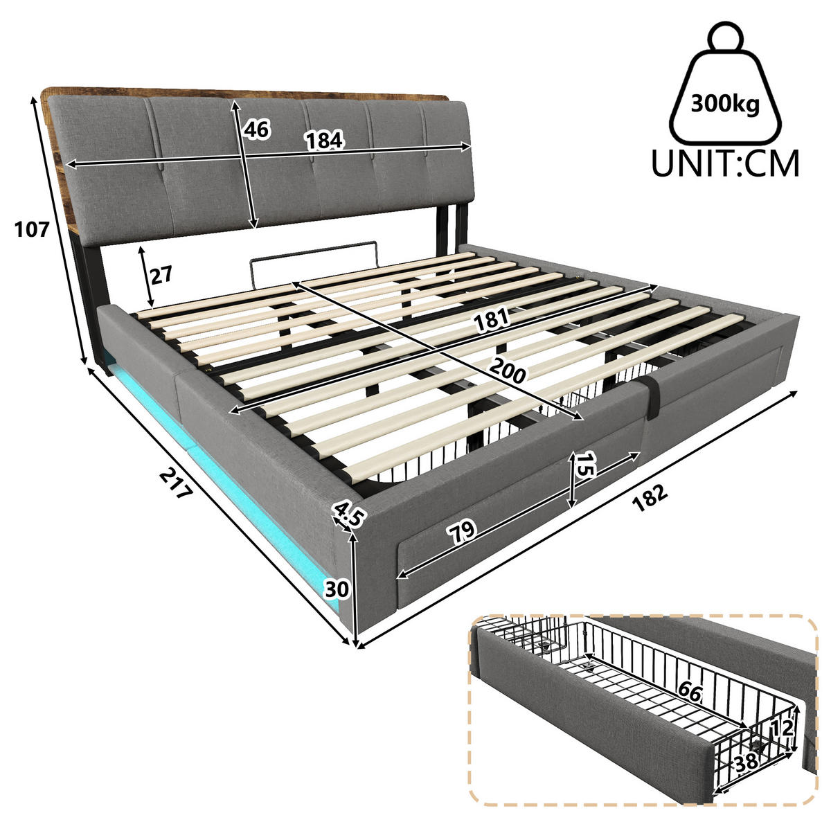 POLSTERBETT 180/200 cm Grau mit USB-Typ-C-Ladeanschluss, LED-Beleuchtung und 2 Schubladen - Grau, Textil (180/200cm) - Oxeza