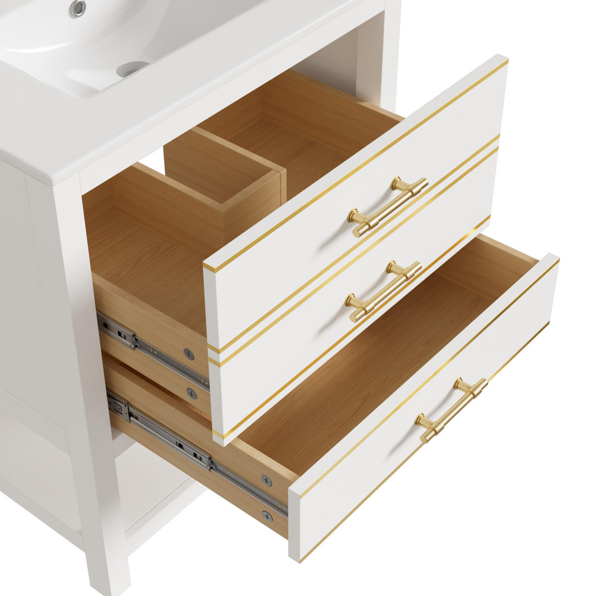 WASCHTISCHUNTERSCHRANK mit Keramikbecken 66x46.5x86cm Weiß-Gold, 2 Schubladen - Weiß, Holzwerkstoff (76/86/46.5cm) - Modfu