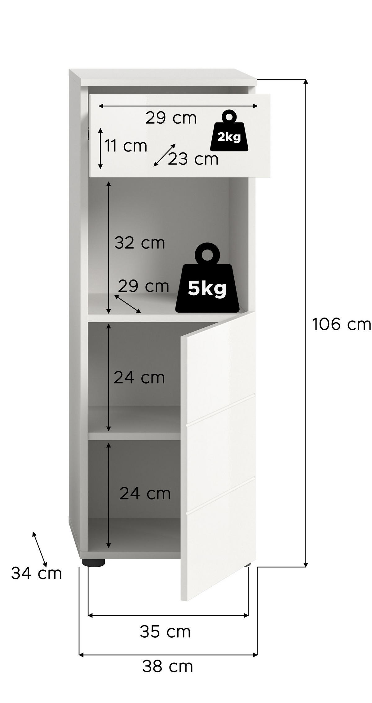 STANDSCHRANK VIRA (B/H/T: ca. 38/106/34 cm) in weiß/weiß hochglanz - Weiß, Holzwerkstoff (38/106/34cm)