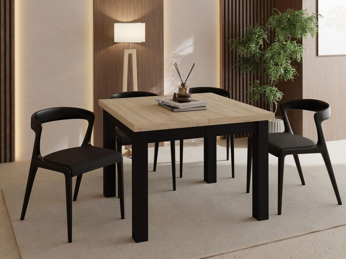 ESSTISCH Toren ausziehbar verlängerbar quadratisch, Eiche Sonoma Hellbraun 90-290/90/76.5 cm - Schwarz/Sonoma Eiche, Holz/Holzwerkstoff (90/90/77cm) - WFL GROUP