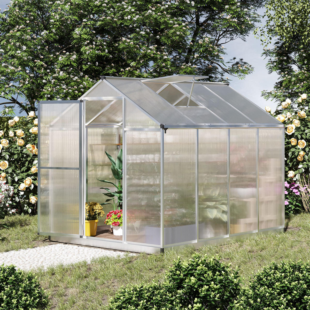 GEWÄCHSHAUS DE-11902 Aluminium Polycarbonat mit Dachluke Silber - Transparent, Metall (190/195/242cm) - ComfortXL