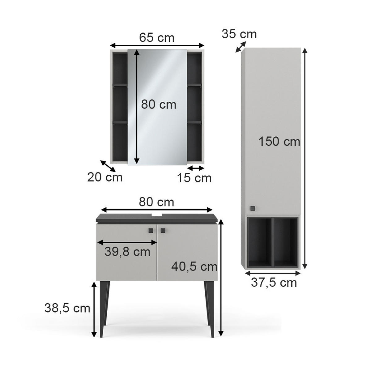 BADMÖBEL-SET Gerta Grau 3 Teile, Hängeschrank 1 Tür - Schwarz/Grau, Holzwerkstoff (80/79/50cm) - Vicco