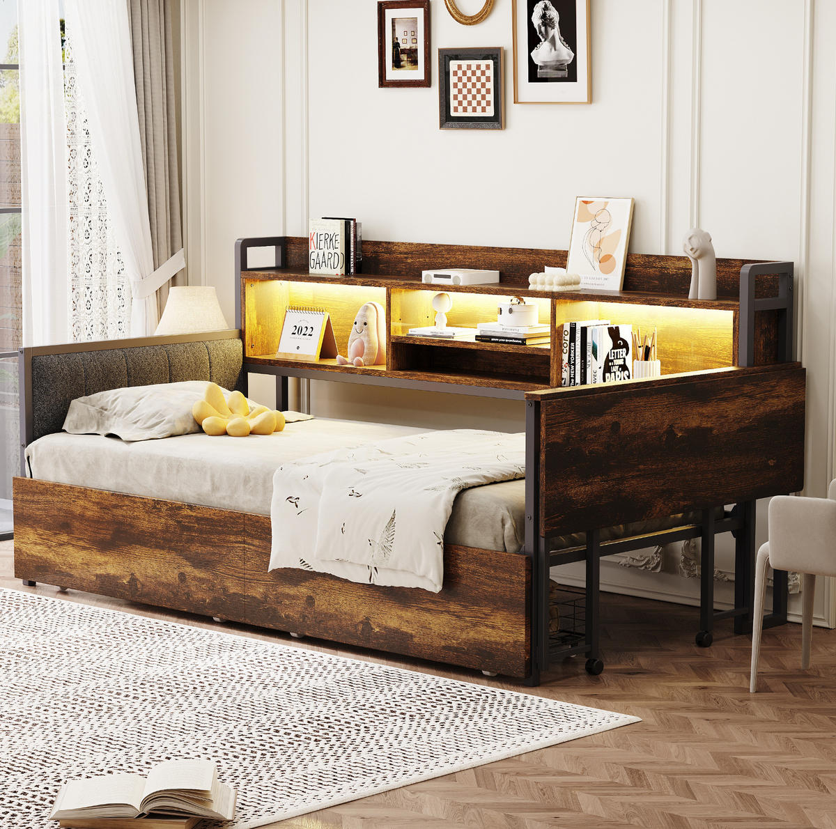 BETT 90/200 cm mit Schreibtisch, LED-Beleuchtung und Stauraum in Holzfarben - Naturfarben, Metall (90/200cm) - Flora Grace
