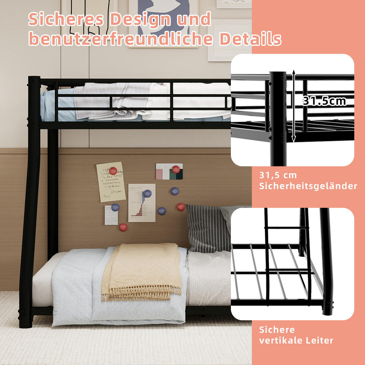 ETAGENBETT 90/190+140/190 mit Leiter und durchgehendem Geländer - Schwarz, Holzwerkstoff (90/190cm) - EVRYAE