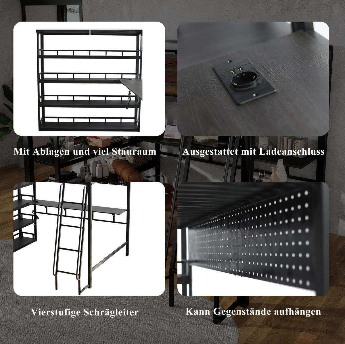 HOCHBETT 140/200 cm in Schwarz – mit Stauraum, Ladeanschluss und schräger Leiter - Schwarz, Metall (140/200cm) - BEAOK