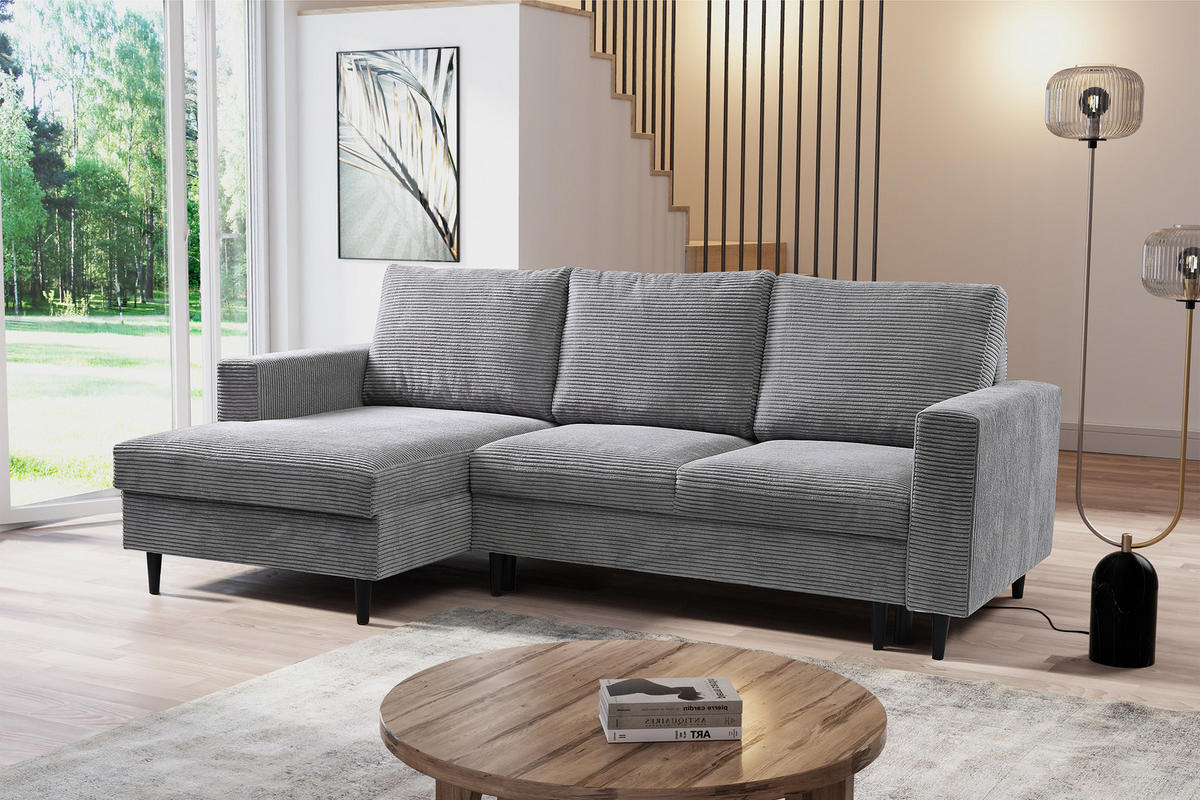 ECKSOFA Nalika Hellgrau mit Cordbezug - Hellgrau/Schwarz, Holz/Textil (230/143cm) - Selsey