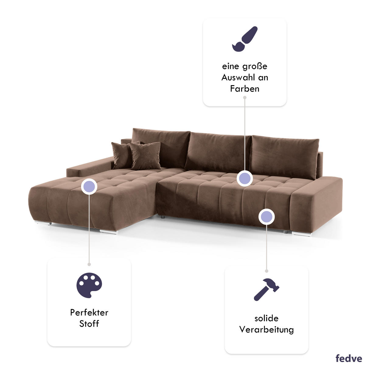 ECKSOFA mit Schlaffunktion Dhaka L, Braun - Dunkelbraun, Textil (185/265cm) - Fedve