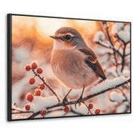 LEINWAND Bilder mit Rahmen - Vogel - Zweig - Winter - Tiere - Schnee - 80x60 - Bernsteinfarben, Textil (80/60cm) - MuchoWow