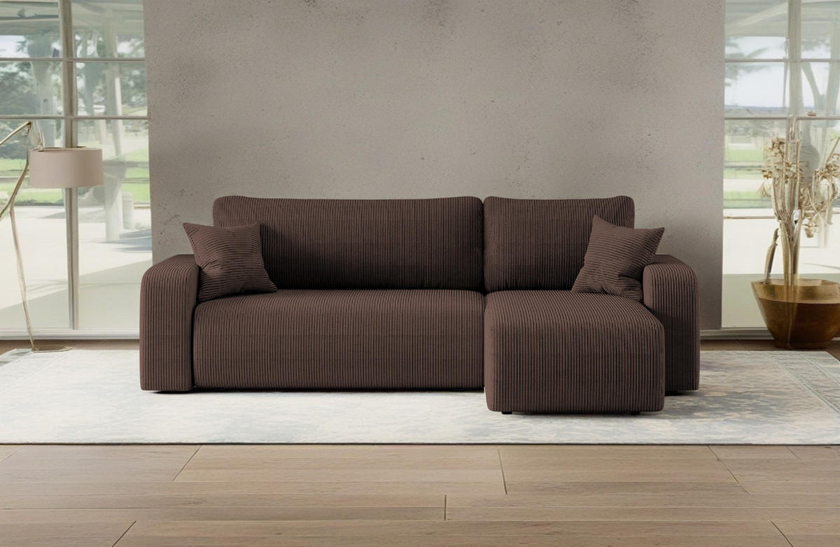 ECKSOFA L-FORM Schlaffunktion Und Bettkasten Eckcouch MILANO L Stoff Dicker Cord Braun Rechts - Braun, Holz/Textil (244/142cm) - Kaiser Möbel