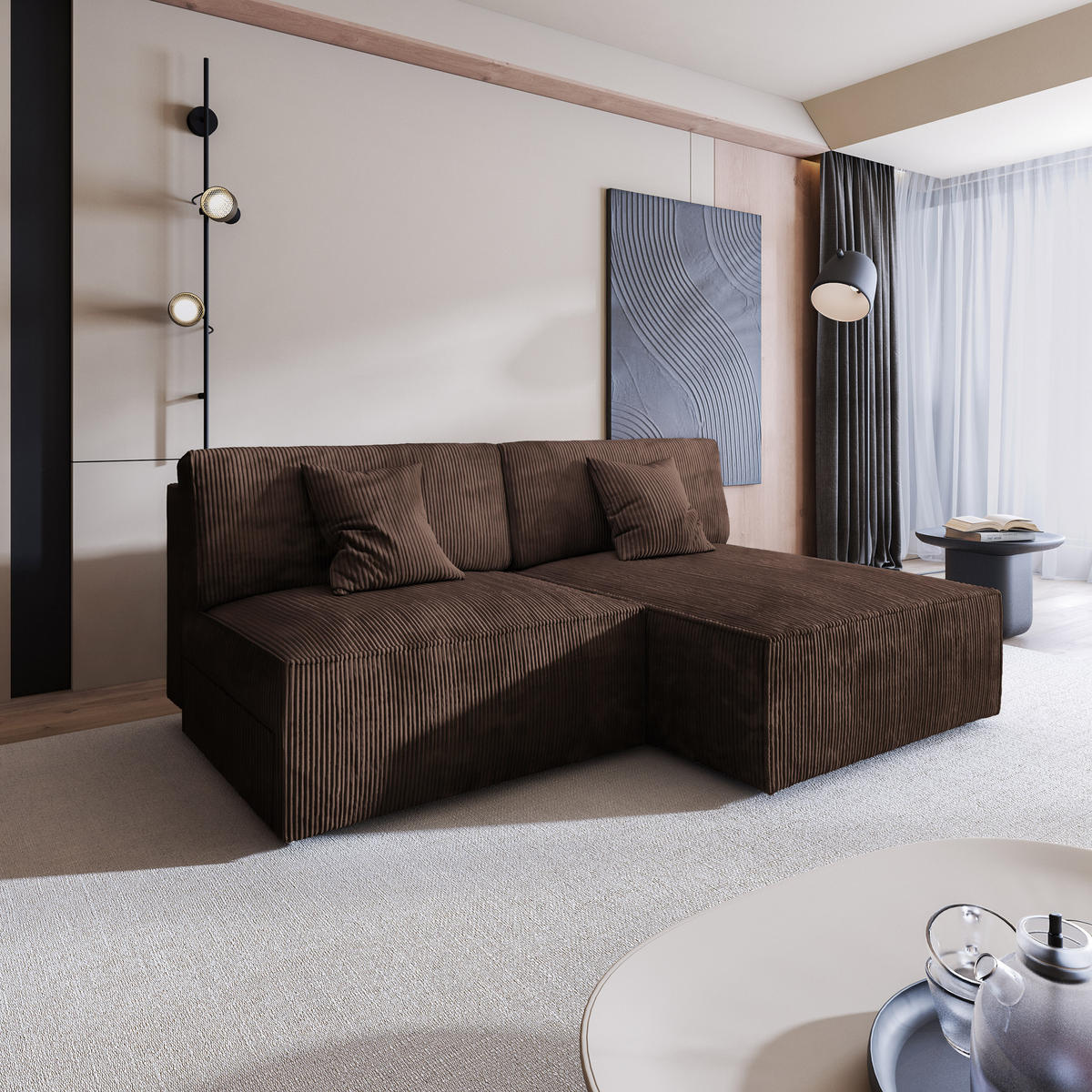 ECKSOFA FIORO P Braun Kordstoff mit Schlaffunktion - Braun/Grau, Holz/Kunststoff (204/148cm) - MASSENO