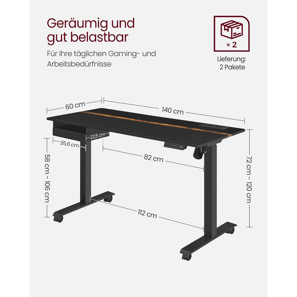 HÖHENVERSTELLBARER SCHREIBTISCH TBILISI - Schwarz, Holzwerkstoff (60/140/120cm) - Hansiro