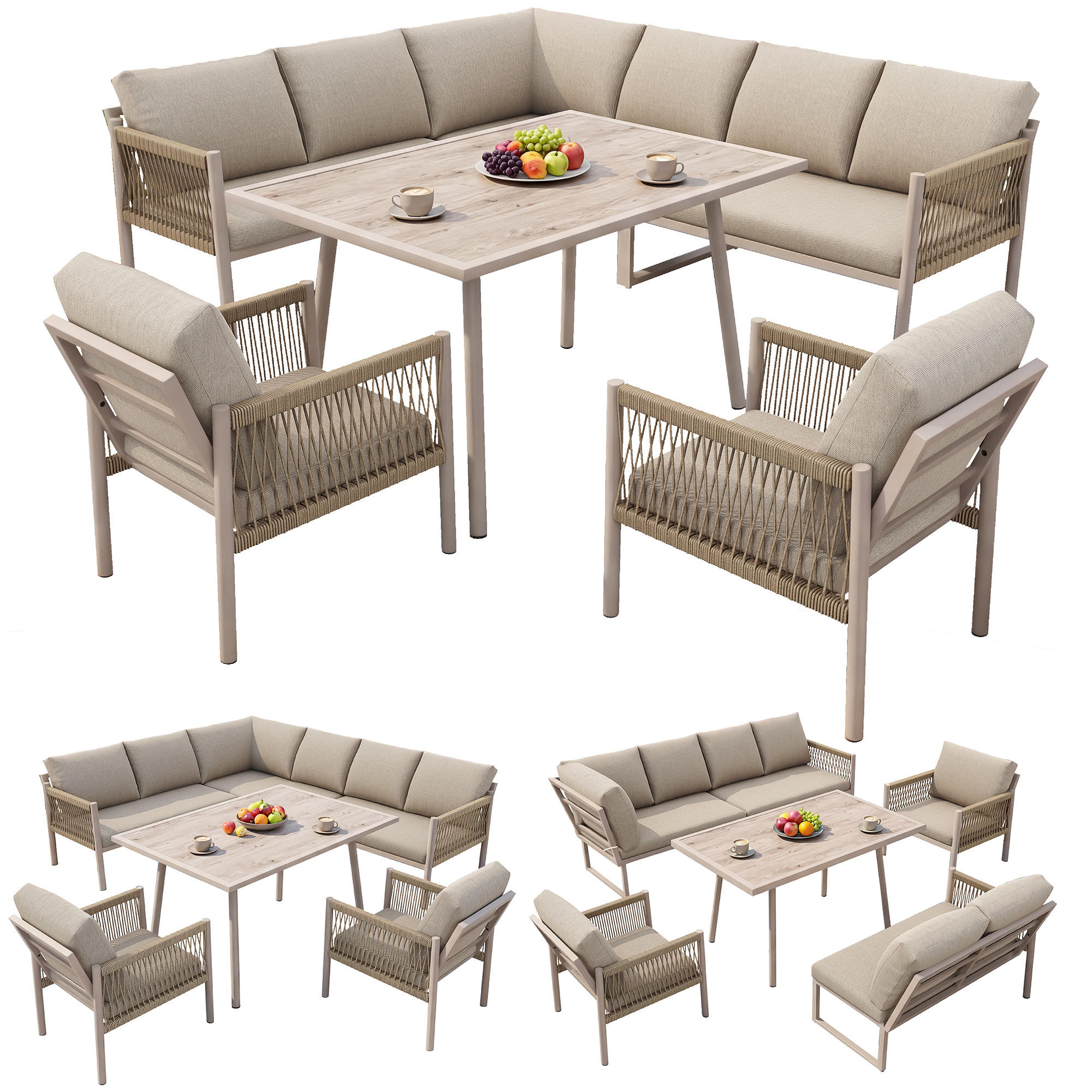 GARTENLOUNGE Beige 7-8 Personen L-Form Sofa Tisch 2 Sessel - Beige, Metall - FLIEKS
