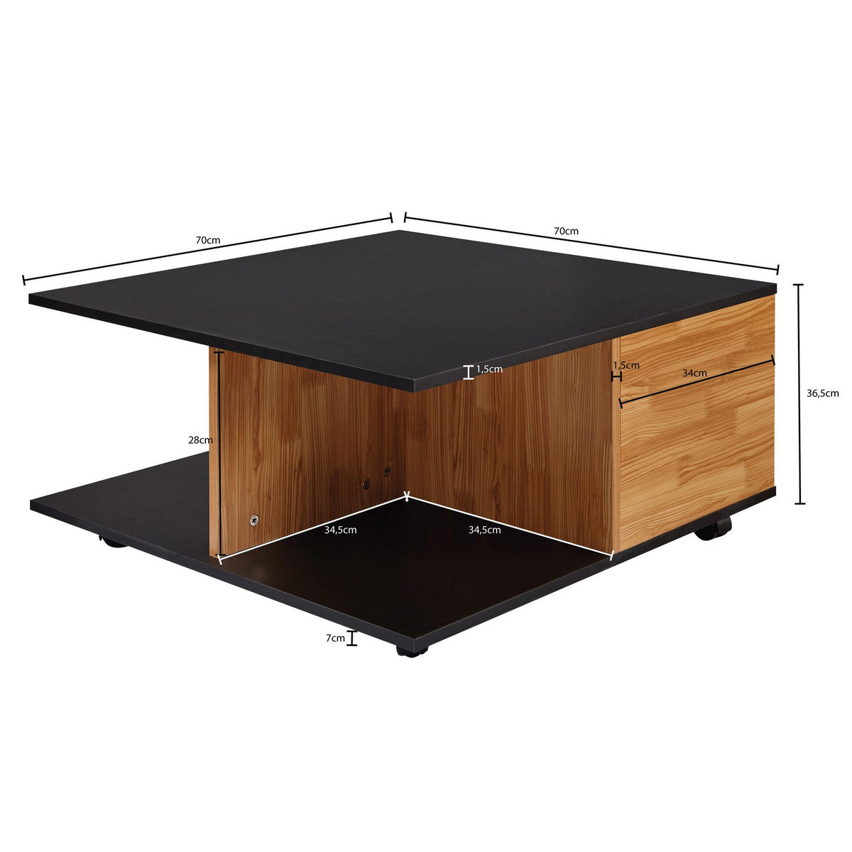 COUCHTISCH mit Rollen, Melaminharzbeschichtung und 2 Schubladen, Anthrazit 70x70x36 cm - Anthrazit/Schwarz, Holz (70/70/36cm) - KADIMA DESIGN